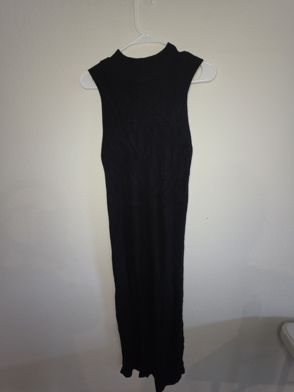 Sleeveless Black Ribbed Midi Dress with Mock Neck